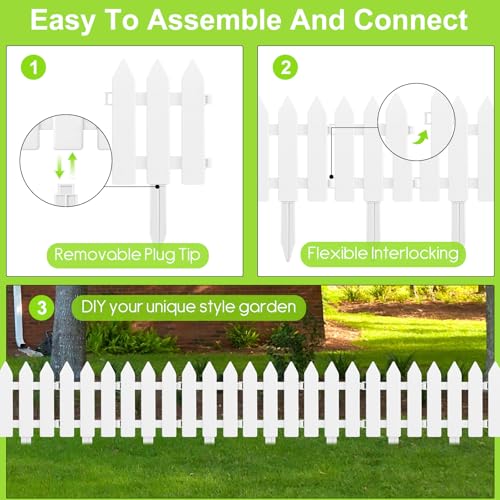 PLULON 24 Pieces Garden Fence with 24 Pieces Fence Insert White Plastic Fence Garden Picket Fence Edgings Lawn Flowerbeds Plant Borders Decorative Garden Yard - Image 3