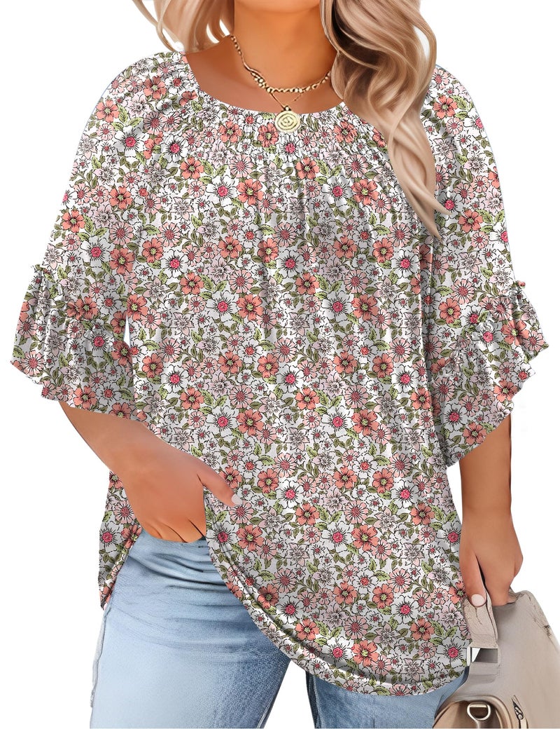 Micoson Plus Size Spring Clothes for Women Womens Tunic Tops Peasant Blouses 3/4 Sleeve Boho Shirts Crew Neck Loose T Shirt - Image 1