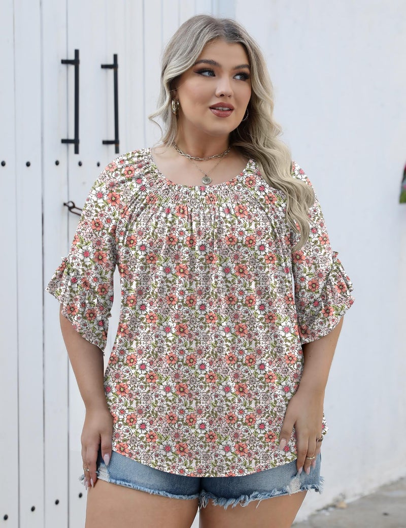 Micoson Plus Size Spring Clothes for Women Womens Tunic Tops Peasant Blouses 3/4 Sleeve Boho Shirts Crew Neck Loose T Shirt - Image 5