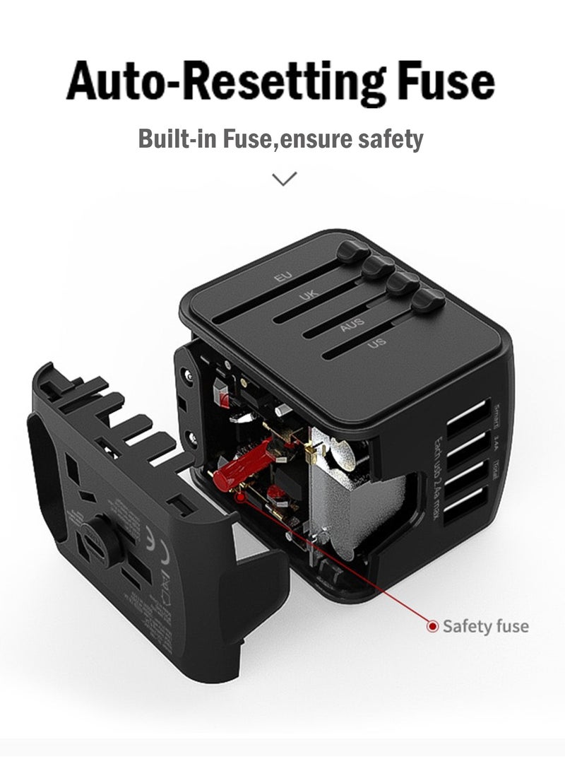 TRAVEL Universal Travel Adapter | 3 USB Ports + 1 Type C Charging Port | Compatible with US/EU/UK/AU Plugs | Compact & Multi-Voltage for Global Travel - Image 3