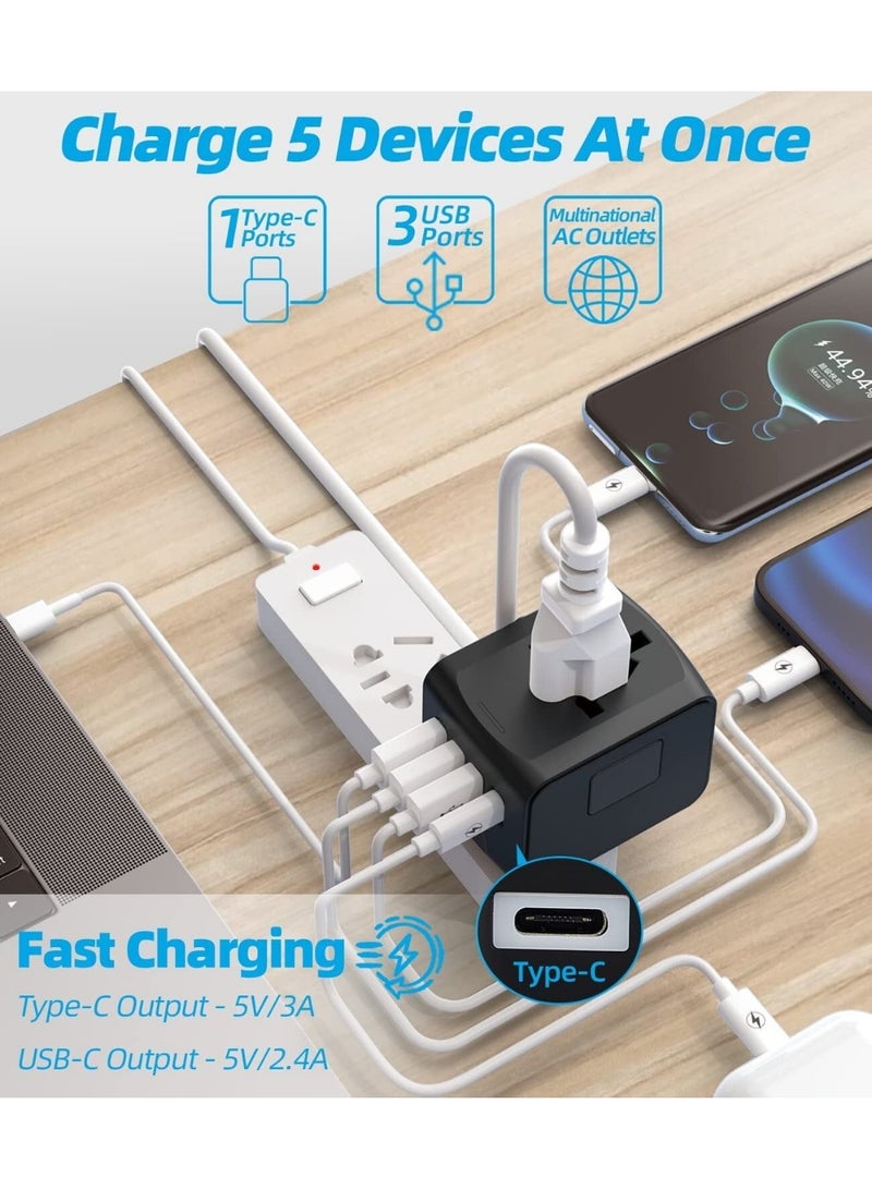 TRAVEL Universal Travel Adapter | 3 USB Ports + 1 Type C Charging Port | Compatible with US/EU/UK/AU Plugs | Compact & Multi-Voltage for Global Travel - Image 2