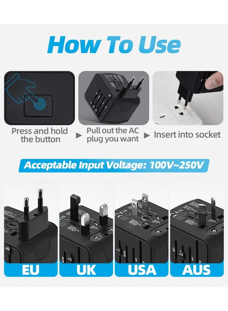 TRAVEL Universal Travel Adapter | 3 USB Ports + 1 Type C Charging Port | Compatible with US/EU/UK/AU Plugs | Compact & Multi-Voltage for Global Travel - Image 4