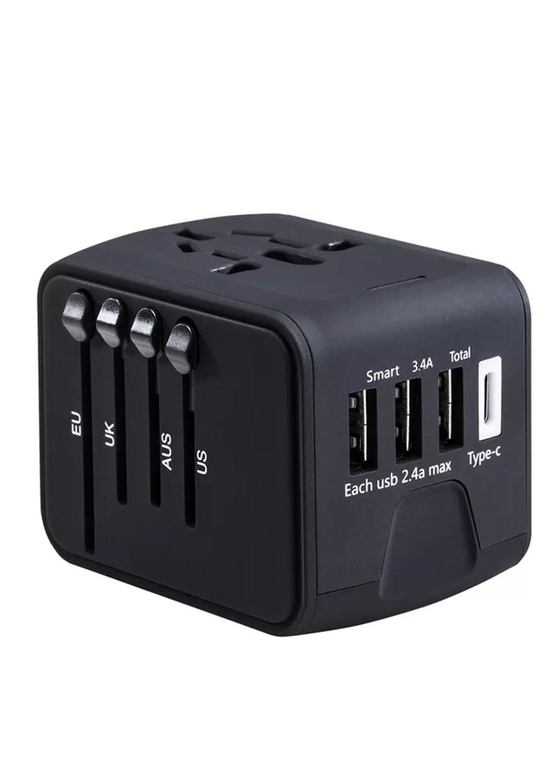 TRAVEL Universal Travel Adapter | 3 USB Ports + 1 Type C Charging Port | Compatible with US/EU/UK/AU Plugs | Compact & Multi-Voltage for Global Travel  - Image 1