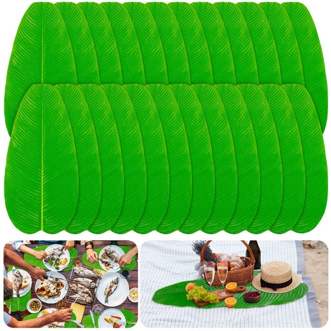 24 PIECES LARGE ARTIFICIAL BANANA LEAVES FAUX TROPICAL LEAVES FOR HAWAIIAN LUAU PARTY JUNGLE BEACH THEME DECORATIONS WEDDING HOME KITCHEN TABLE DECORATION ACCESSORIES