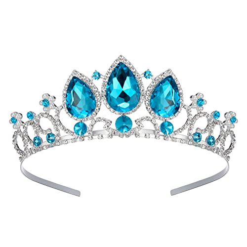 SWEETV Frozen Elsa Tiara for Girls Birthday and Costume, Blue Crystal Princess Crown Headband for Kids Cosplay, Wedding Hair Accessories for Flower Girls - Image 1