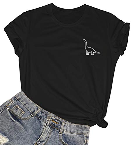 ROSEPARK Women Dinosaur Graphic Tee Teen Girl Cute T Shirt Black Large - Image 4