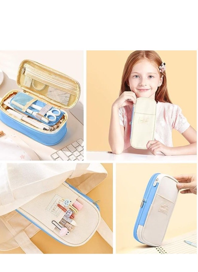 Yoawllty - Big Capacity Large Pencil Case School Students Pen Pouch Stationery Bag with 3 Transparent Pencil Bag and Name Stickers(Blue) - Image 1