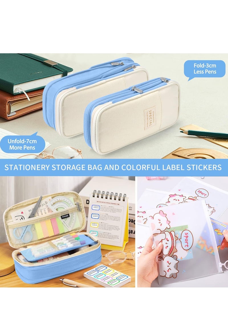 Yoawllty - Big Capacity Large Pencil Case School Students Pen Pouch Stationery Bag with 3 Transparent Pencil Bag and Name Stickers(Blue) - Image 1
