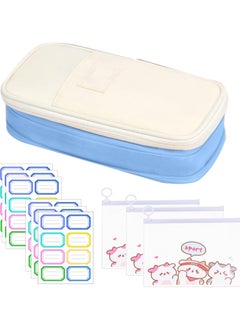 Big Capacity Large Pencil Case School Students Pen Pouch Stationery Bag with 3 Transparent Pencil Bag and Name Stickers(Blue)