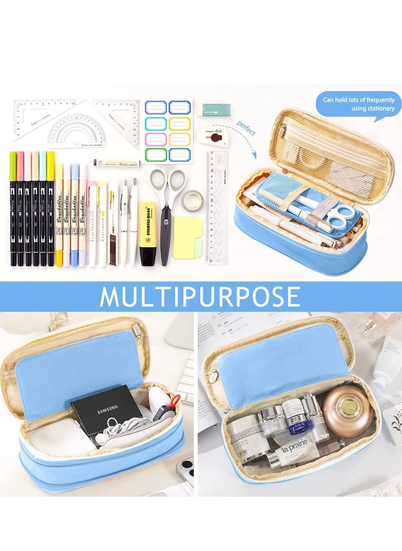 Yoawllty - Big Capacity Large Pencil Case School Students Pen Pouch Stationery Bag with 3 Transparent Pencil Bag and Name Stickers(Blue) - Image 1