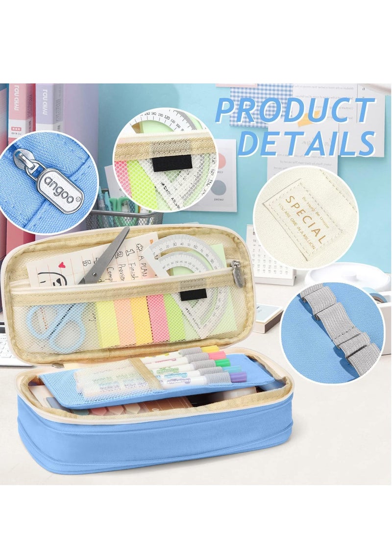Yoawllty - Big Capacity Large Pencil Case School Students Pen Pouch Stationery Bag with 3 Transparent Pencil Bag and Name Stickers(Blue) - Image 1