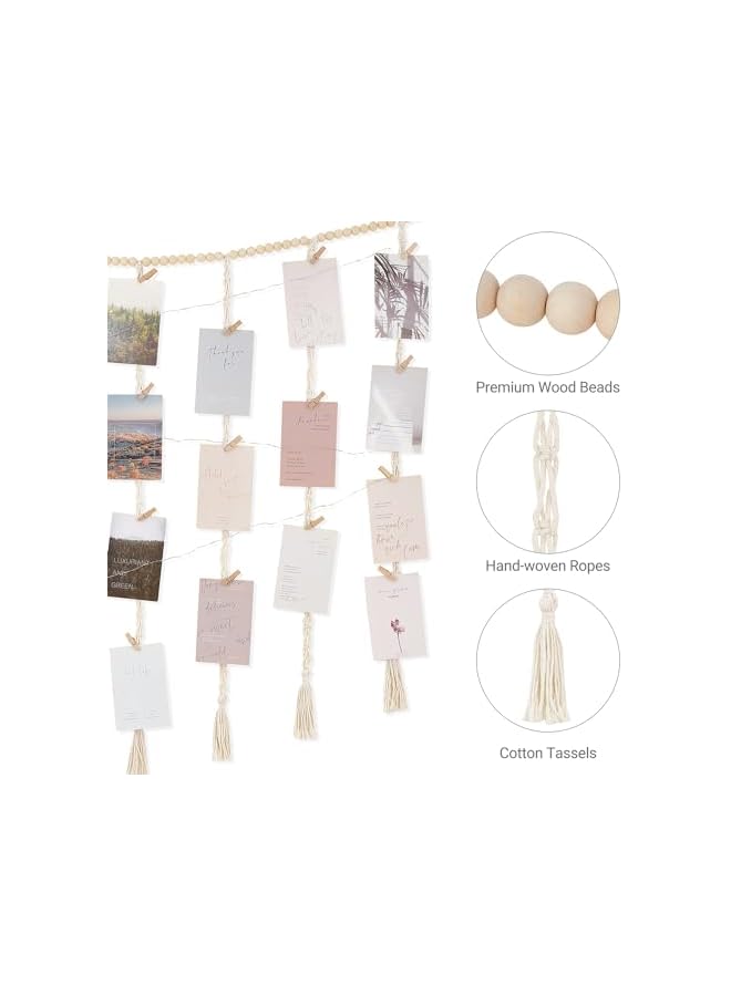 The Bros Hanging Photo Display Wall Decor with String Lights, Wooden Boho Beads Garland Collage Picture Card Frame Holder with 30 Clips, for Teen Girl Teenage Gifts, Bedroom Living Room Dorm  - Image 3