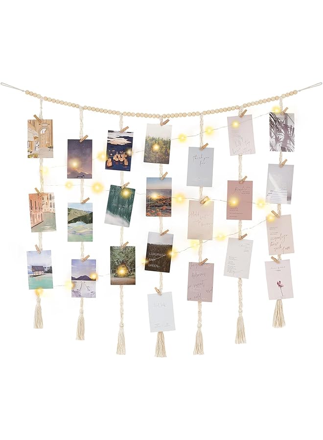 The Bros Hanging Photo Display Wall Decor with String Lights, Wooden Boho Beads Garland Collage Picture Card Frame Holder with 30 Clips, for Teen Girl Teenage Gifts, Bedroom Living Room Dorm  - Image 1
