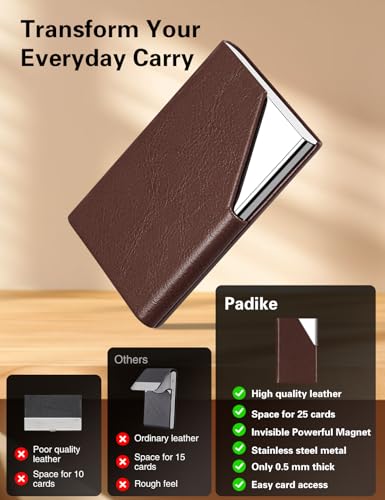 Padike Business Card Holder, Upgraded Leather Business Card Case Pocket Card Holders for Men or Women, Metal Slim Name Card Holder RFID Blocking Business Card Carrier with Magnetic Closure (Z-Coffee) - Image 2