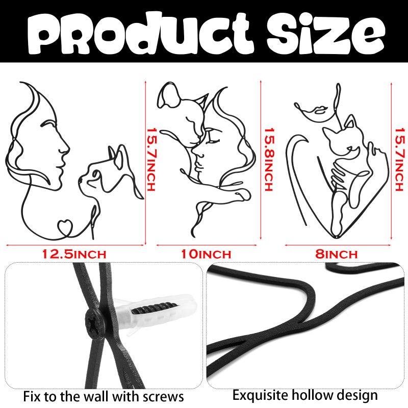Otoolling 3 Pcs Black Metal Cat Wall Art Decor Women Holding Cat Black Metal Minimalist Wall Art Girls & Cats Line Drawing 3D Cats Pictures for Bedroom Living Room Bathroom(Classic) - Image 2