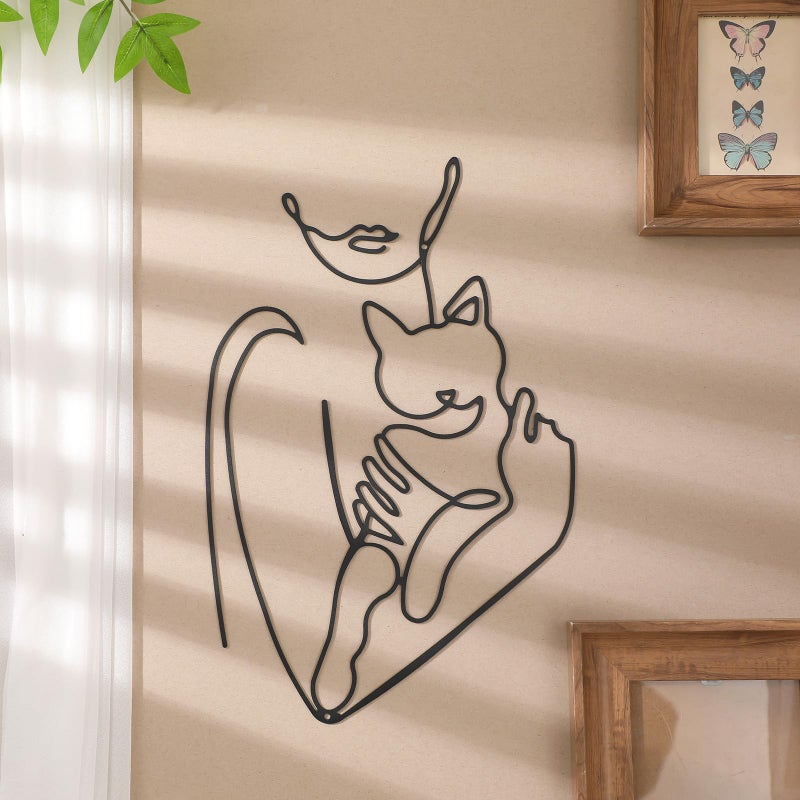 Otoolling 3 Pcs Black Metal Cat Wall Art Decor Women Holding Cat Black Metal Minimalist Wall Art Girls & Cats Line Drawing 3D Cats Pictures for Bedroom Living Room Bathroom(Classic) - Image 3