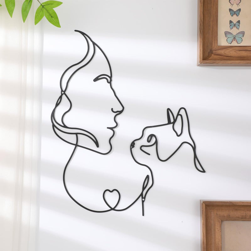 Otoolling 3 Pcs Black Metal Cat Wall Art Decor Women Holding Cat Black Metal Minimalist Wall Art Girls & Cats Line Drawing 3D Cats Pictures for Bedroom Living Room Bathroom(Classic) - Image 4