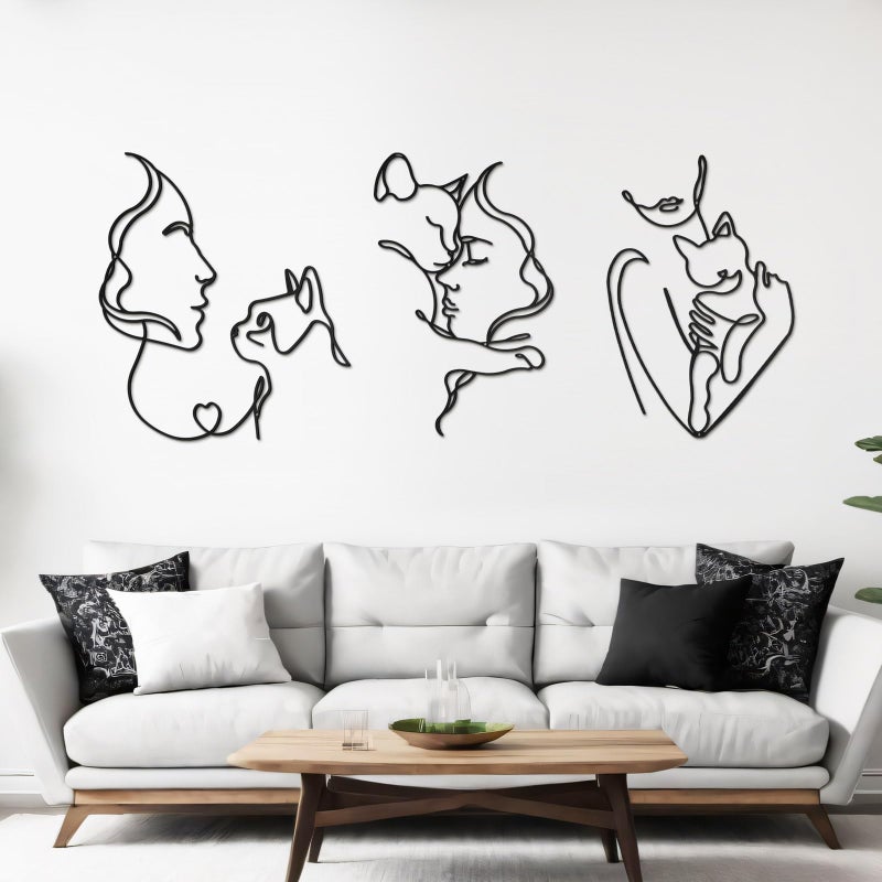 Otoolling 3 Pcs Black Metal Cat Wall Art Decor Women Holding Cat Black Metal Minimalist Wall Art Girls & Cats Line Drawing 3D Cats Pictures for Bedroom Living Room Bathroom(Classic) - Image 5