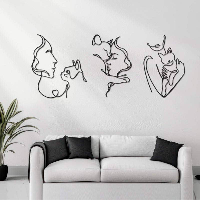 Otoolling 3 Pcs Black Metal Cat Wall Art Decor Women Holding Cat Black Metal Minimalist Wall Art Girls & Cats Line Drawing 3D Cats Pictures for Bedroom Living Room Bathroom(Classic) - Image 1