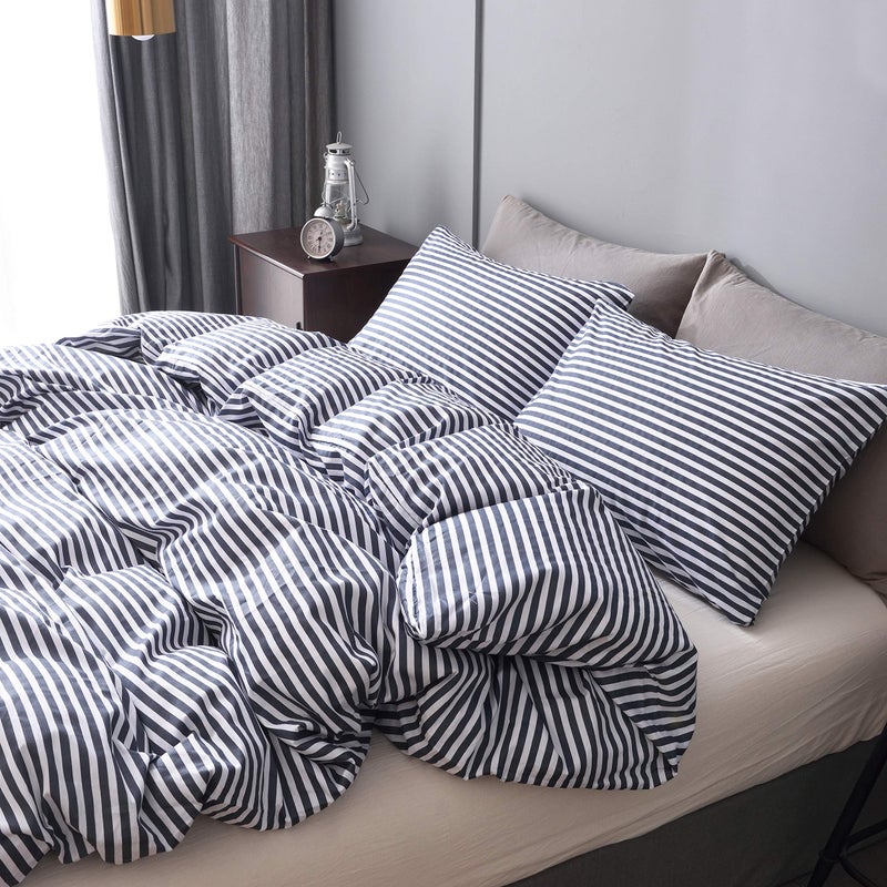 JELLYMONI 100% Natural Cotton 3pcs Striped Duvet Cover Sets,White with Navy Blue Stripes Pattern Printed Comforter Cover,with Zipper Closure & Corner Ties(Queen Size) - Image 2