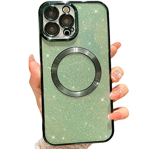 MGQILING Compatible with iPhone 12 Pro Max Magnetic Glitter Case Luxury Plating Cute Bling Clear Phone Case Compatible with MagSafe for Women Girls with Camera Protector Back Cover Green - Image 1