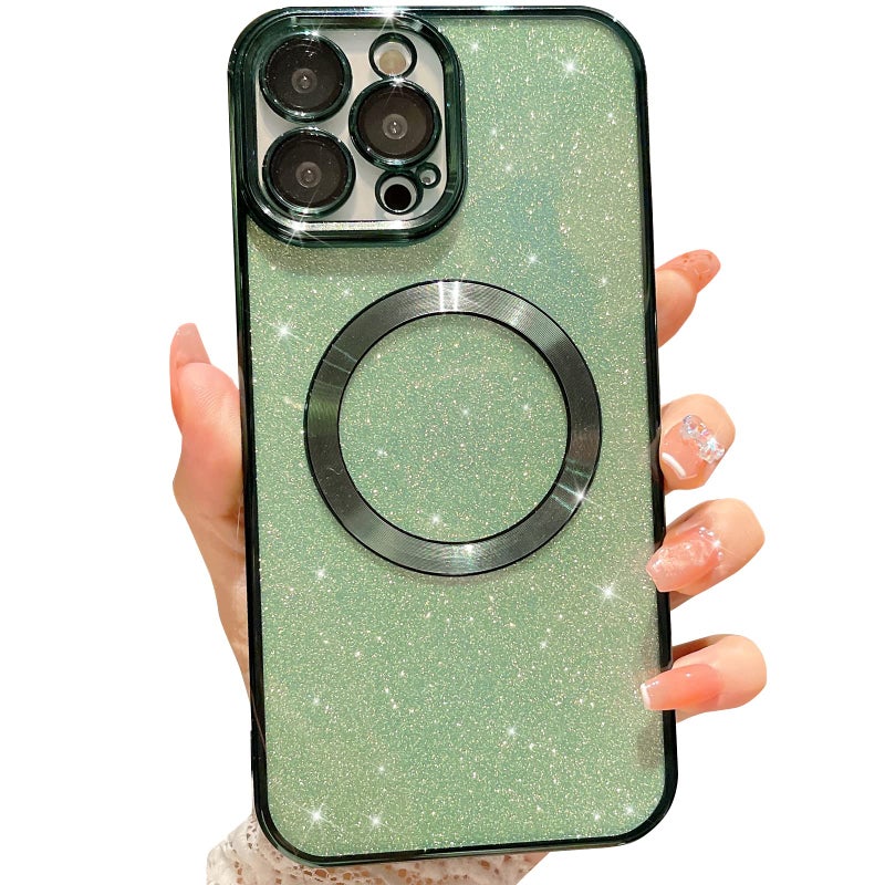 MGQILING Compatible with iPhone 12 Pro Max Magnetic Glitter Case Luxury Plating Cute Bling Clear Phone Case Compatible with MagSafe for Women Girls with Camera Protector Back Cover Green - Image 2
