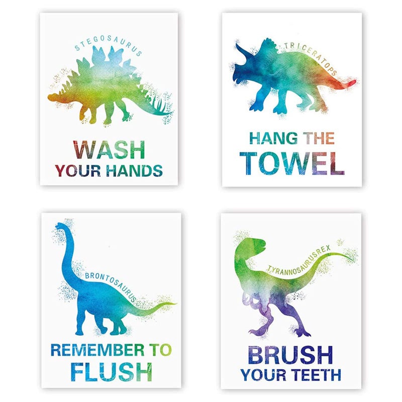 Mimeile Bathroom Wall Cute Dinosaur Art Prints Set of 4 (8 X10 )  Watercolor Animal Art Posters Quotes Wash Flush Brush Bathroom Sign for Kid Boy Toddler Room Nursery Canvas Wall Decor  No Frame - Image 1