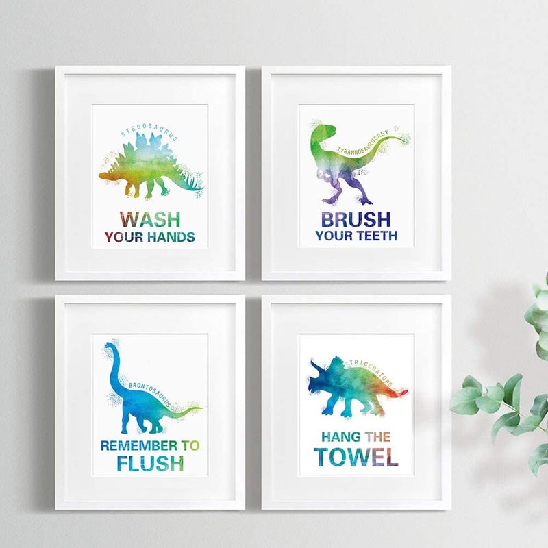 Mimeile Bathroom Wall Cute Dinosaur Art Prints Set of 4 (8 X10 )  Watercolor Animal Art Posters Quotes Wash Flush Brush Bathroom Sign for Kid Boy Toddler Room Nursery Canvas Wall Decor  No Frame - Image 2