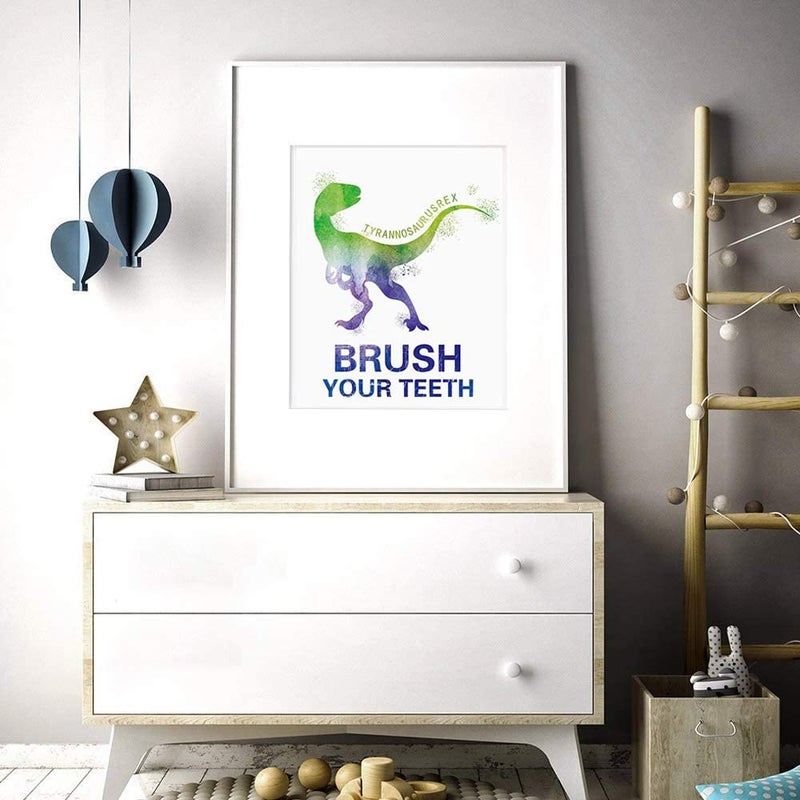 Mimeile Bathroom Wall Cute Dinosaur Art Prints Set of 4 (8 X10 )  Watercolor Animal Art Posters Quotes Wash Flush Brush Bathroom Sign for Kid Boy Toddler Room Nursery Canvas Wall Decor  No Frame - Image 4
