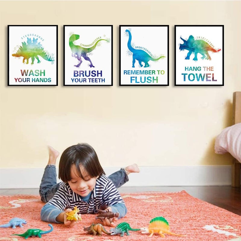 Mimeile Bathroom Wall Cute Dinosaur Art Prints Set of 4 (8 X10 )  Watercolor Animal Art Posters Quotes Wash Flush Brush Bathroom Sign for Kid Boy Toddler Room Nursery Canvas Wall Decor  No Frame - Image 5
