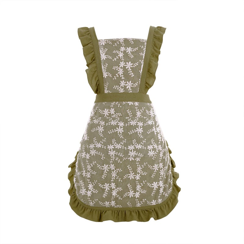 Pinknoke Vintage Pinafore Apron Dress for Women with Pockets Cute Floral Chef Aprons for Kitchen Cooking Baking Gardening (Army Green) - Image 1