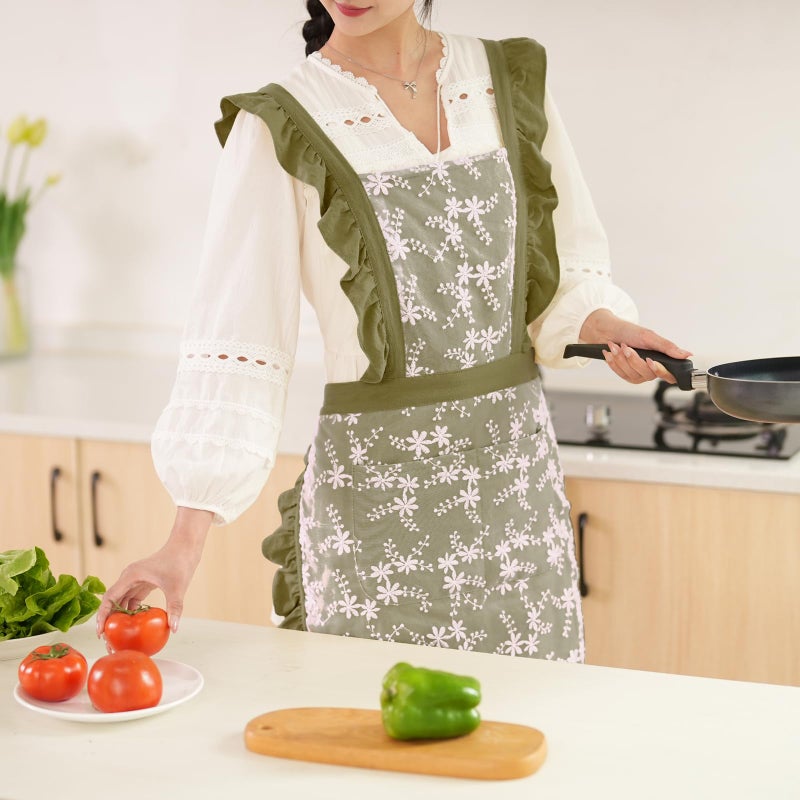 Pinknoke Vintage Pinafore Apron Dress for Women with Pockets Cute Floral Chef Aprons for Kitchen Cooking Baking Gardening (Army Green) - Image 2