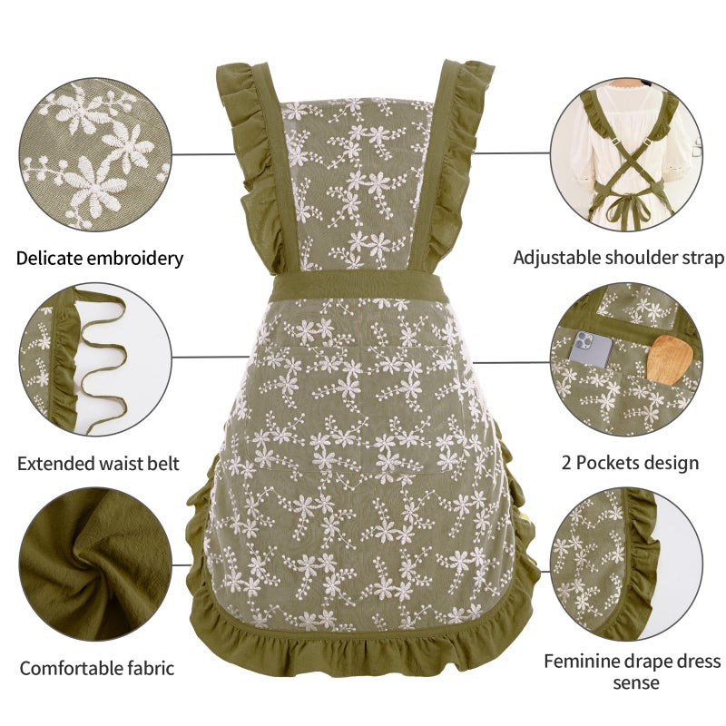 Pinknoke Vintage Pinafore Apron Dress for Women with Pockets Cute Floral Chef Aprons for Kitchen Cooking Baking Gardening (Army Green) - Image 5