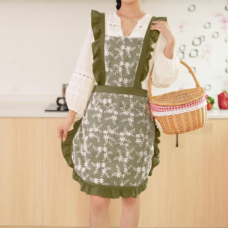 Pinknoke Vintage Pinafore Apron Dress for Women with Pockets Cute Floral Chef Aprons for Kitchen Cooking Baking Gardening (Army Green) - Image 4