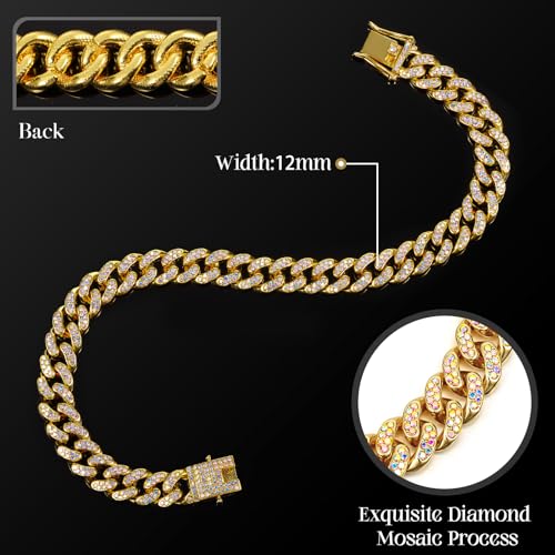 LEIFIDE Dog Chain Collar Diamond Link Puppy Collar 12 mm Wide Dog Necklace Metal Cat Chain Pet Crystal Necklace Jewelry Accessories for Small Medium Large Pet14 InchGold AB Color - Image 3