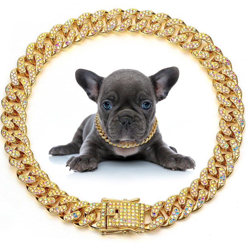 LEIFIDE Dog Chain Collar Diamond Link Puppy Collar 12 mm Wide Dog Necklace Metal Cat Chain Pet Crystal Necklace Jewelry Accessories for Small Medium Large Pet14 InchGold AB Color - Image 2