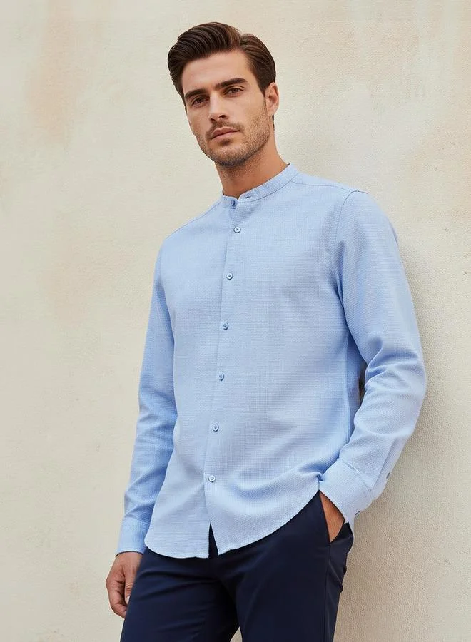 Men Regular Fit Mandarin Neck Houndstooth Long Sleeves Linen Blend Shirt