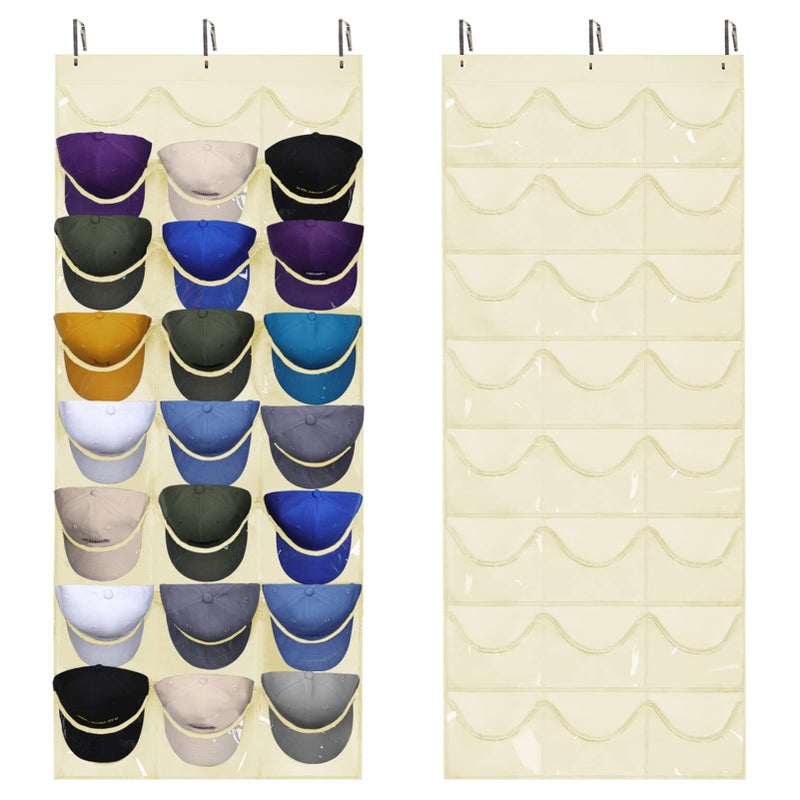 Dofilachy Hat Rack  Hat Organizer  Hat Racks for Baseball Caps Visible Hat Holder  Baseball Hat Rack for Wall Door with 3 Hooks 24 Deep Pockets Beigelarge