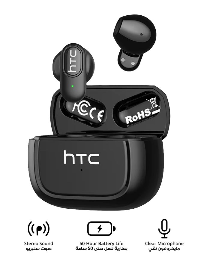HTC NE51 In-Ear TWS Wireless Earbuds, Bluetooth 6.0, AI Translator Earphones, Adaptive EQ, HD Bass Sound, Smart Touch Control, 4-Hour Music Playback, Ultralight Sport Headphones with HD Mic, Black black - Image 1