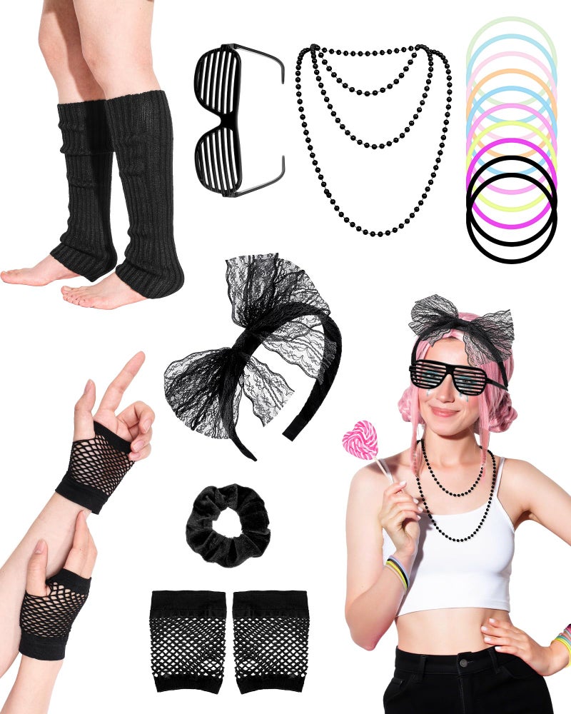 obeoby 80s 90s Outfit Costume Accessories for Women, 80s Party Black Lace Headband Necklace Accessory Sets for Masquerade Retro Party - Image 1