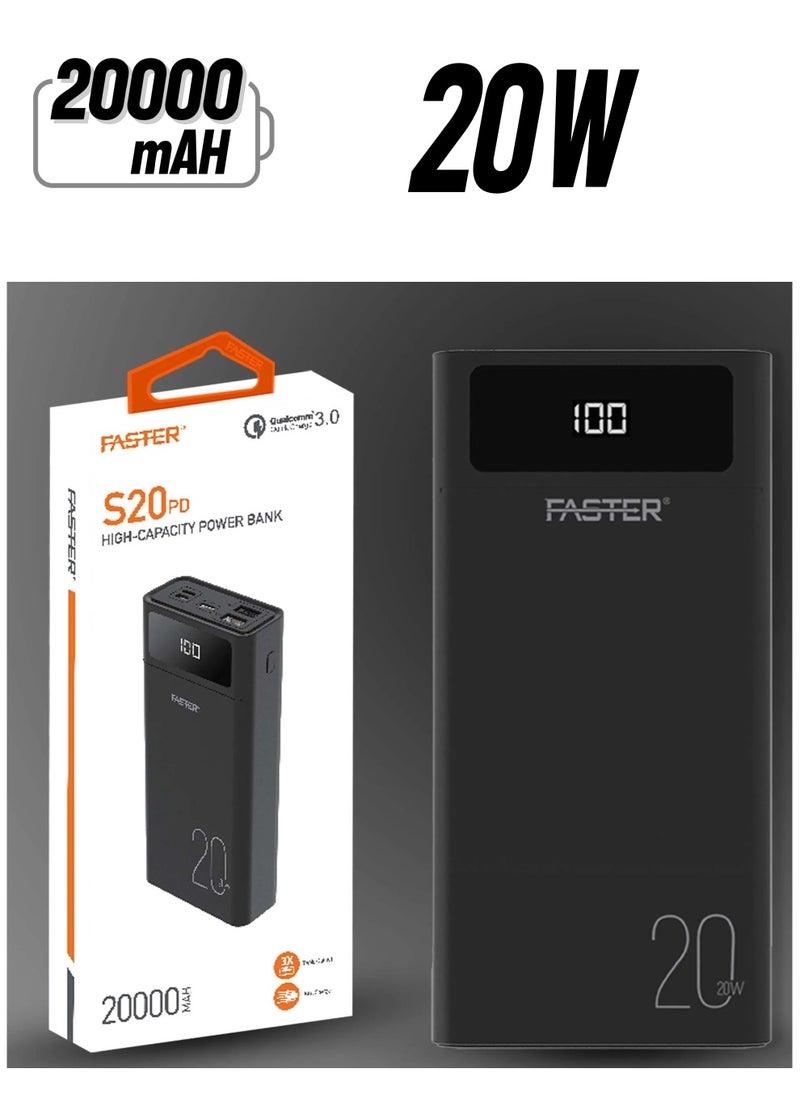 فاستر باور بانك فاستر S20 PD-20W Quick Charge 3.0 بقدرة 20000 مللي أمبير في الساعة مع شاشة رقمية  - Image 1