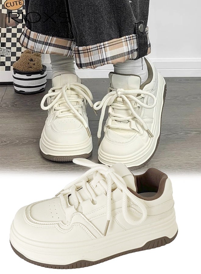 ريوكس أحذية رياضية نسائية غير رسمية، أحذية رياضية أنيقة برباط للسيدات، أحذية رياضية مريحة ومانعة للانزلاق، أحذية تنس كلاسيكية منخفضة، أحذية رياضية خفيفة الوزن للمشي/الجري/الصالة الرياضية، أحذية رياضية بيضاء بنعل سميك - Image 1