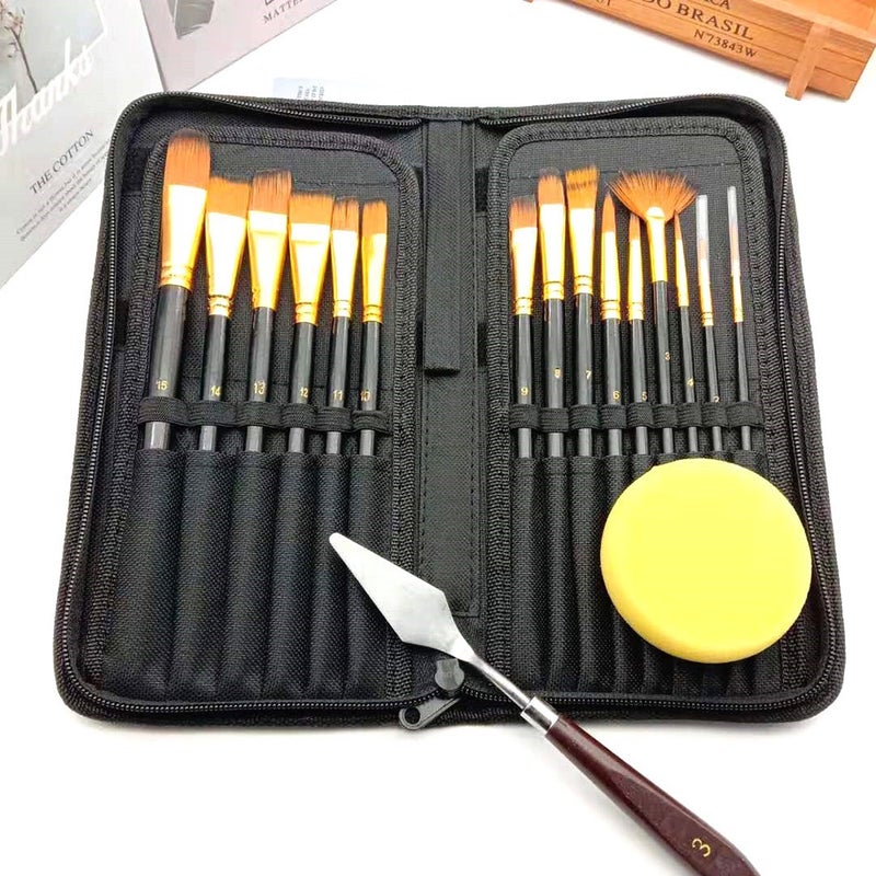 17 Piece Artist Long Handle Synthetic Paint Brush Set Multi Functional Painting Brushes Kit, Watercolor Gouache Oil Acrylic Brush Set, with Paint Scraper Sponge Art Supplies - Image 5