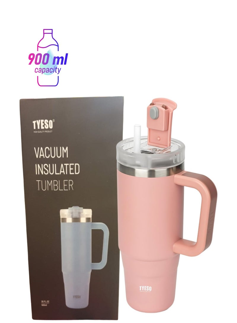 Tyeso 30 oz Tumbler with Handle, Straw and Lid - Leak Resistant Insulated Stainless Steel Water Bottle, Car Cup Holder Friendly Travel Coffee Mug (Pink) - Image 1