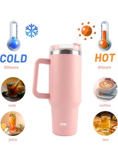 TYESO Tyeso 30 oz Tumbler with Handle, Straw and Lid - Leak Resistant Insulated Stainless Steel Water Bottle, Car Cup Holder Friendly Travel Coffee Mug (Pink)  - Image 3