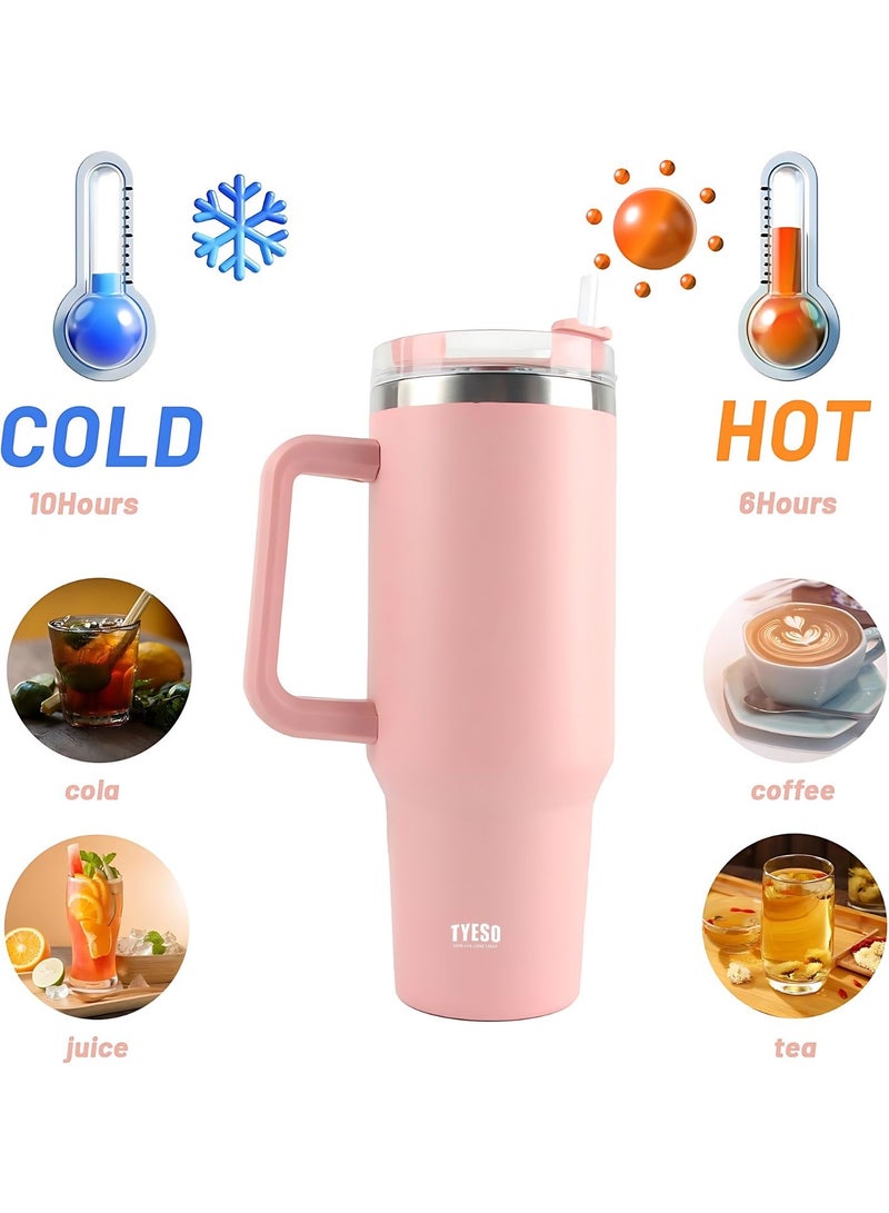 Tyeso 30 oz Tumbler with Handle, Straw and Lid - Leak Resistant Insulated Stainless Steel Water Bottle, Car Cup Holder Friendly Travel Coffee Mug (Pink) - Image 3