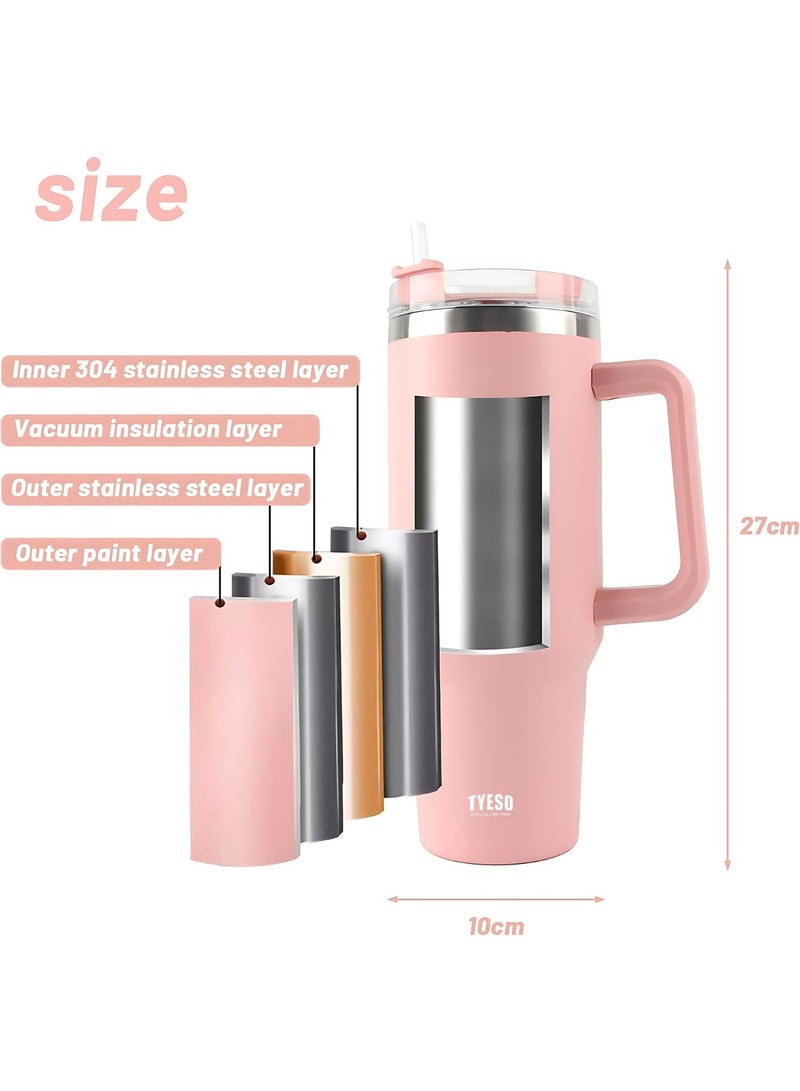Tyeso 30 oz Tumbler with Handle, Straw and Lid - Leak Resistant Insulated Stainless Steel Water Bottle, Car Cup Holder Friendly Travel Coffee Mug (Pink) - Image 4