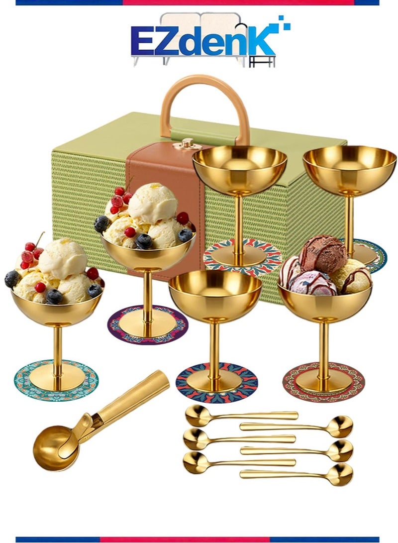 EZdenK Stainless Steel Dessert Cup Gift Set Includes 6 Dessert Cups，6 Spoons，1 Ice Cream Scoop，And 6 Coasters Round-Bottomed Yogurt，Snack，And Candy Cups Perfect For Salads，Fruit，Puddings，And Parties Ideal Gift Choice （Golden） - Image 1