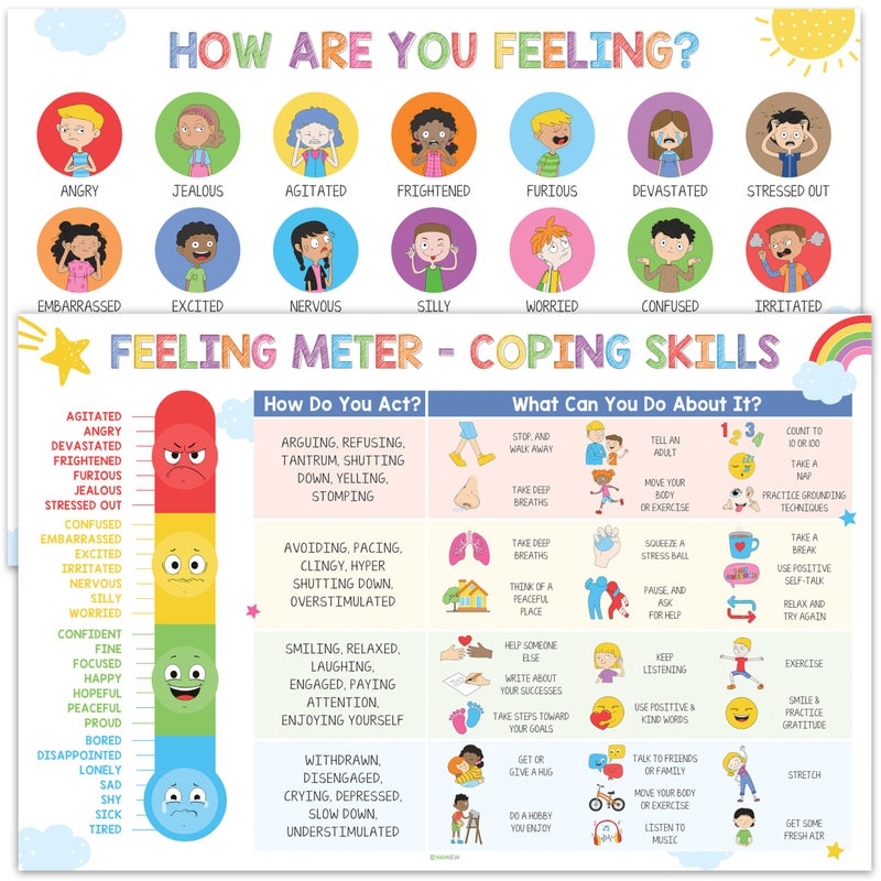 HAMIEW Feelings Chart for Kids Colorful - Coping Skills Emotions Chart Poster - Calm Down Corner Supplies - Mental Health Posters for Kids - School Counselor Psychologist Toddler Preschool Homeschool - Image 1