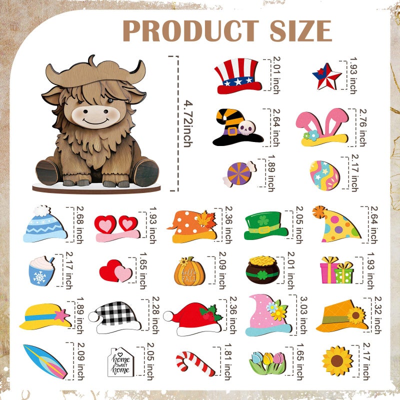 Tellegloww 27 Pcs Interchangeable Highland Cow Decor Seasonal Holiday Eyeglass Holder Valentines Decoration Wooden Cow Signs Farmhouse Table Centerpiece Rustic Tiered Tray Decor for Home Office Gift - Image 3